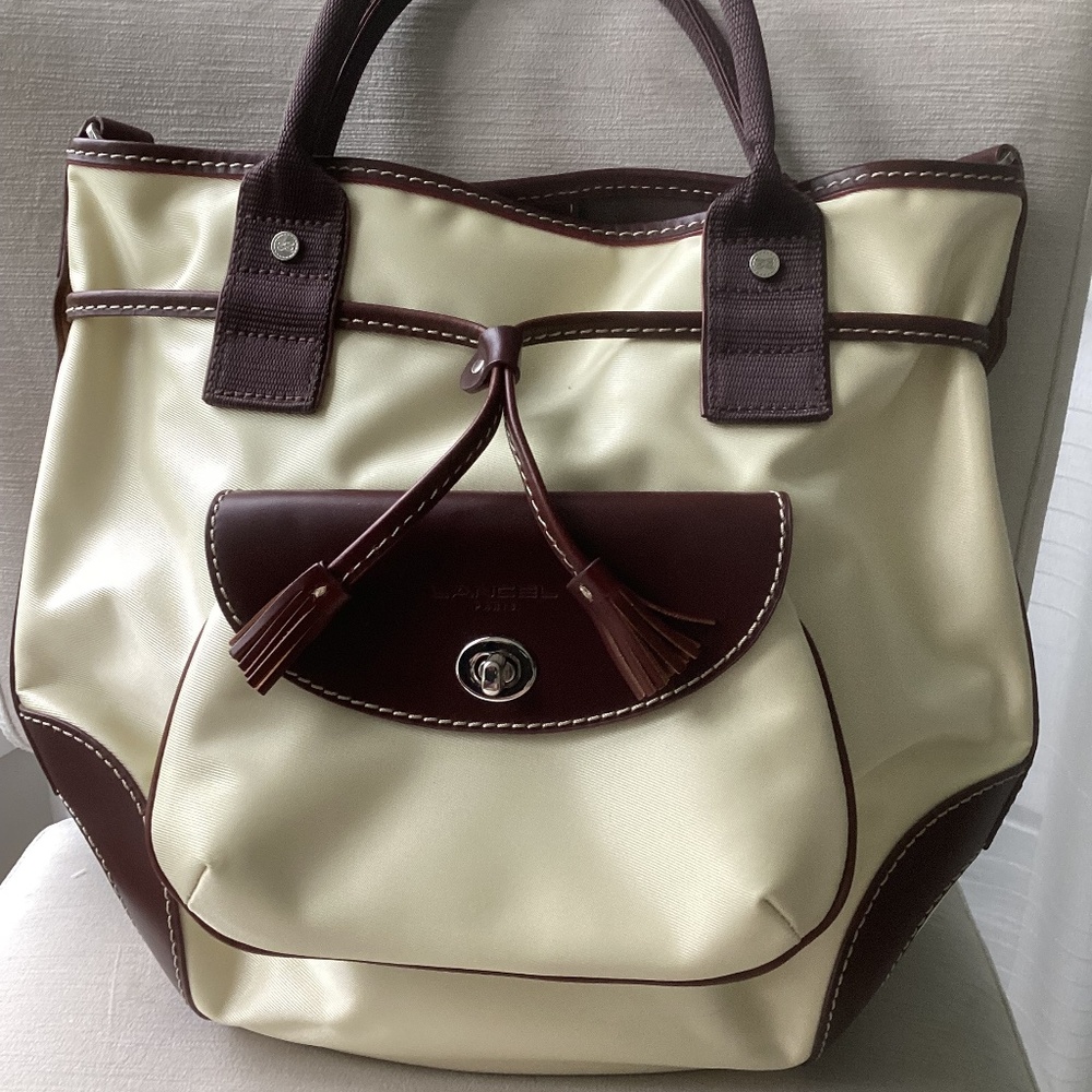 Lancel Paris (MISS LANCEL) Leather Trim Canvas Handbag Large Size